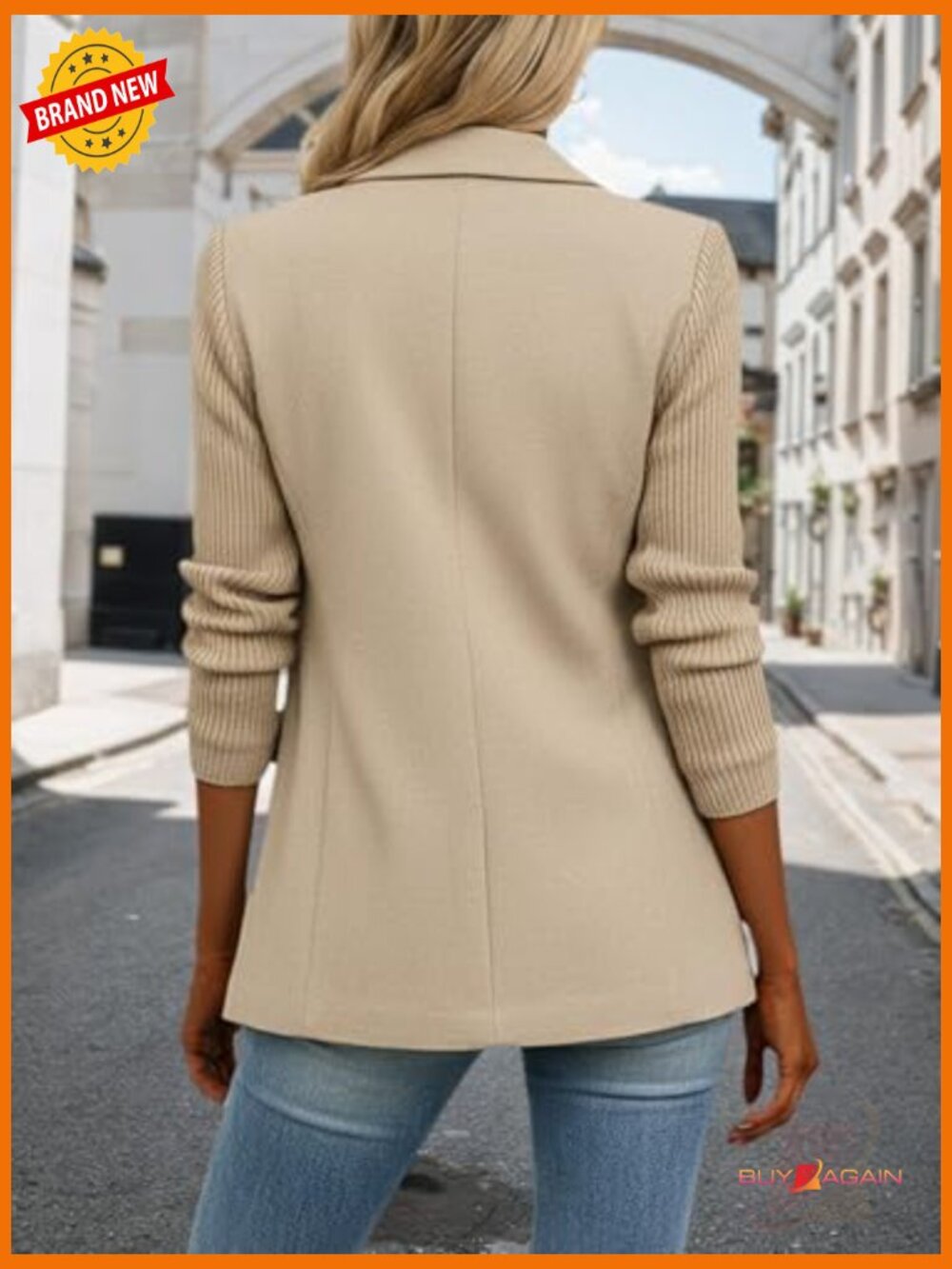 Double-Breasted Knit Sleeve Blazer - Business Casual Work Jacket with Pockets - Picture 4 of 6